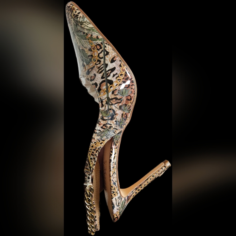 NWT LEOPARD PRINT POINTED TOE STILLETTO HEEL PUMPS CHAIN DETAIL: SIZE 8.5! - Picture 15 of 16